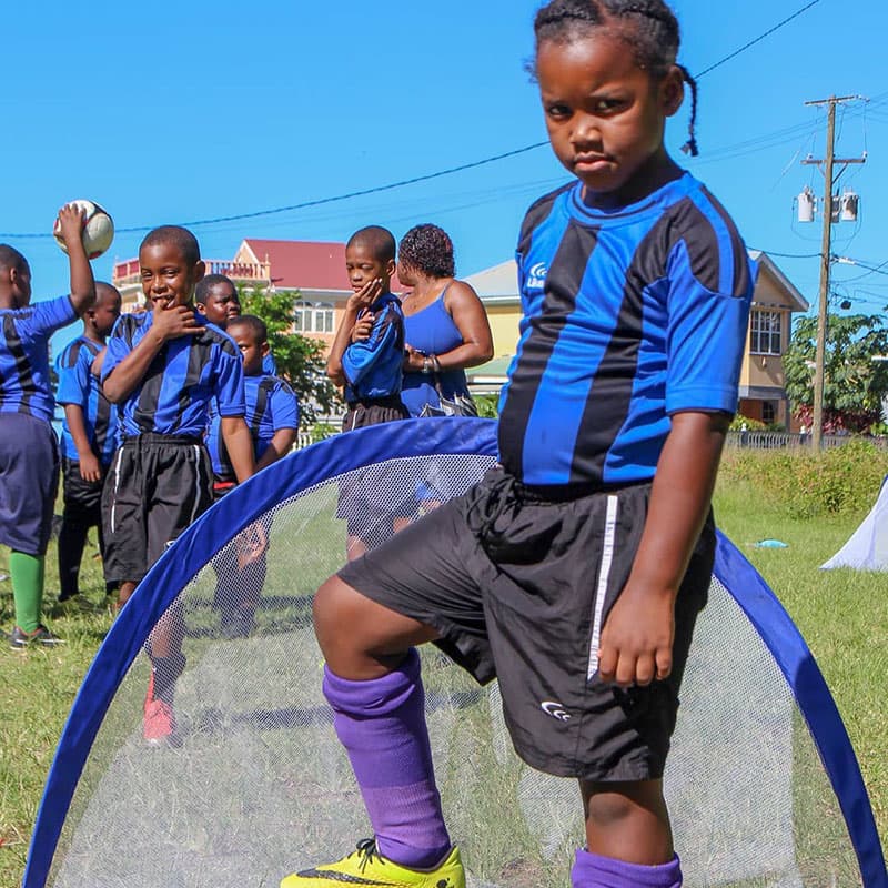 A player standing in front of the training goal